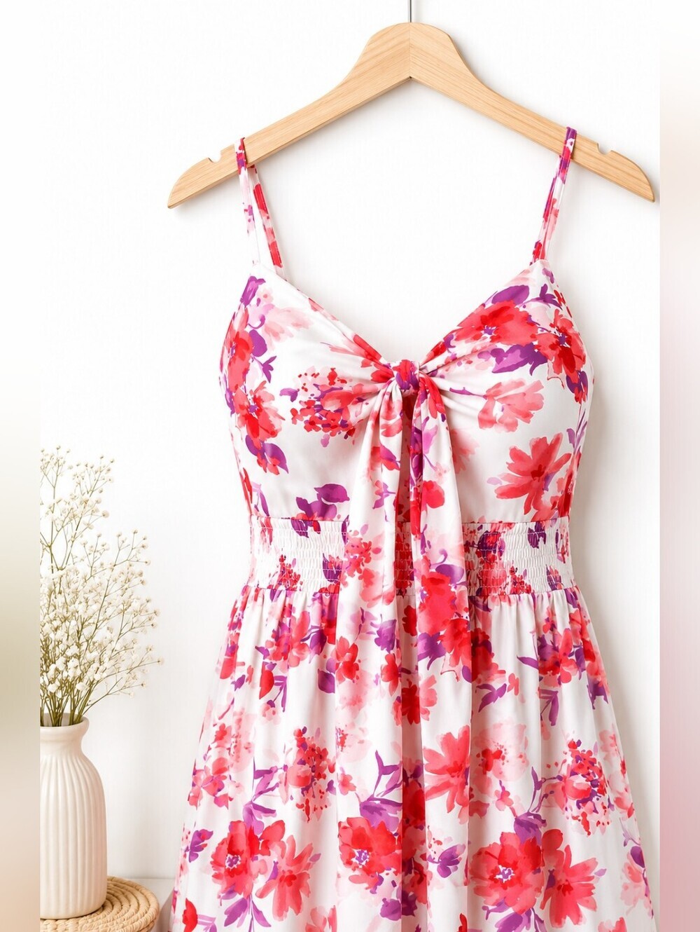 Grace Karin Floral Maxi Dress Pink Purple Watercolor Print Smocked Waist Size 8 - Picture 5 of 7